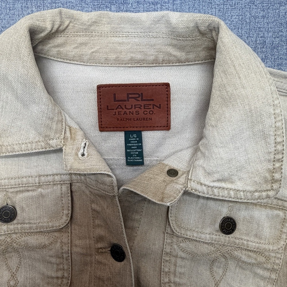 LRL Lauren Jeans Co Ralph Lauren Womens Denim Jacket Large Beige Stretch - Picture 4 of 8